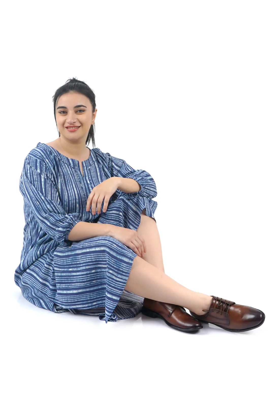 Women’s Blue Striped Midi Kurta Dress view 2